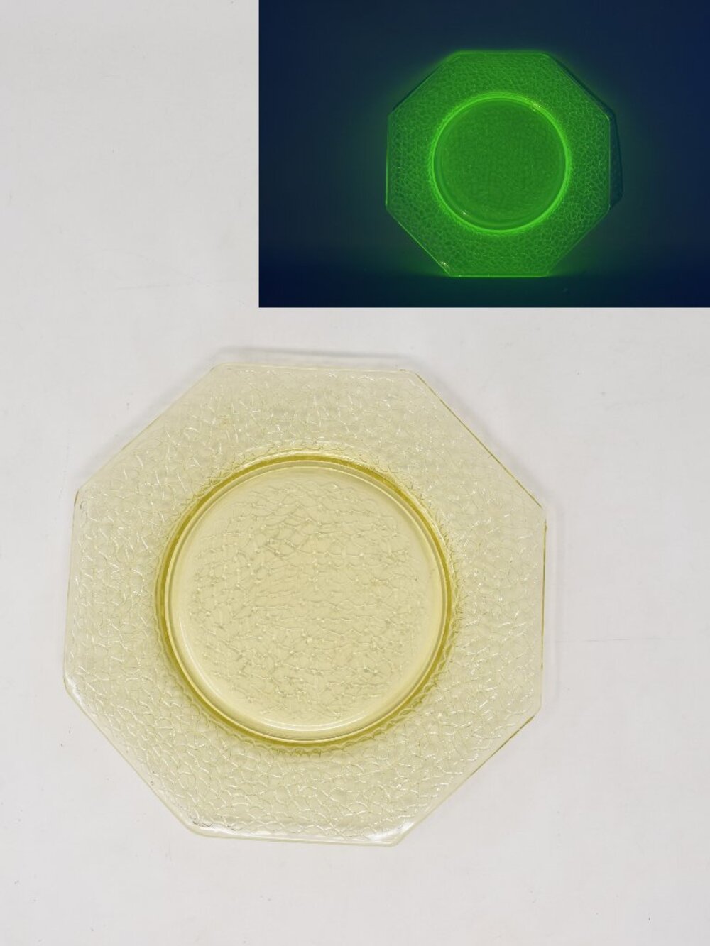 VTG LE Smith Octagonal Salad Plate Glass Cracky Canary Yellow Glows Crackle Boho